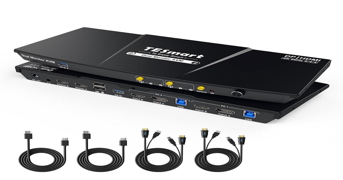 TESmart USB 3.0 DisplayPort + HDMI KVM Switch 2 Monitors 2 Computers 4K@60Hz